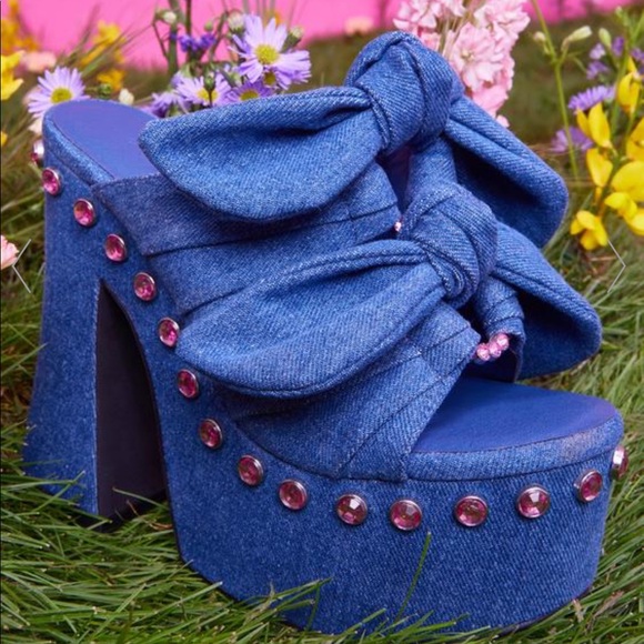 New Sugar Thrillz x Dolls Kill Strike a Pose Denim Platform Heels - Picture 5 of 9